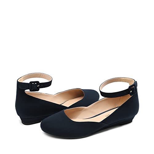 DREAM PAIRS Zapatos Planas Comodas Bailarinas con Cuña Manoletinas con Correa de Tobillo para Mujer Ballet Flat Marino-Ante REVONA-E Talla 38 (EUR)