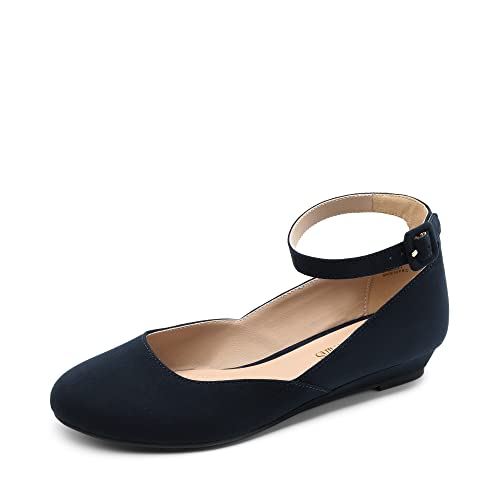 DREAM PAIRS Zapatos Planas Comodas Bailarinas con Cuña Manoletinas con Correa de Tobillo para Mujer Ballet Flat Marino-Ante REVONA-E Talla 38 (EUR)