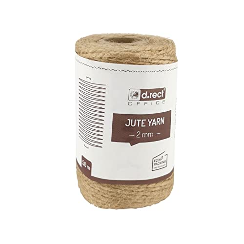 D.RECT 50m Yute Natural Marrón Envolver Regalos | Cuerda Decorativa | 2mm de Grosor | para: Embalaje, Bricolaje, Floristería, Decoración, Jute Yarn, 50 m