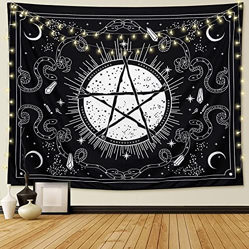 Dremisland Tapiz de Pared Psicodélico Pentagrama Colgar en la Pared Luna Tapices Trippy Tapiz Blanco y Negro Arte de Pared para Sala de Estar Dormitorio Decoración del Hogar(Tarot, M / 130 X 150 cm)