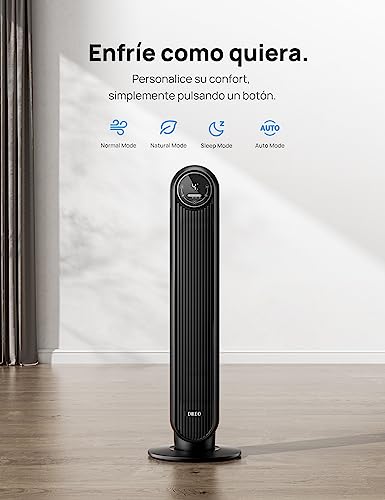 Dreo Ventilador de torre Nomad One con mando a distancia, silencioso de 7,3 m/s de velocidad, oscilante de 90° con 4 velocidades, 4 modos, temporizador de 8 horas, ventilador de pie, negro.