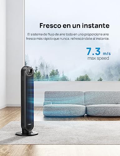 Dreo Ventilador de torre Nomad One con mando a distancia, silencioso de 7,3 m/s de velocidad, oscilante de 90° con 4 velocidades, 4 modos, temporizador de 8 horas, ventilador de pie, negro.