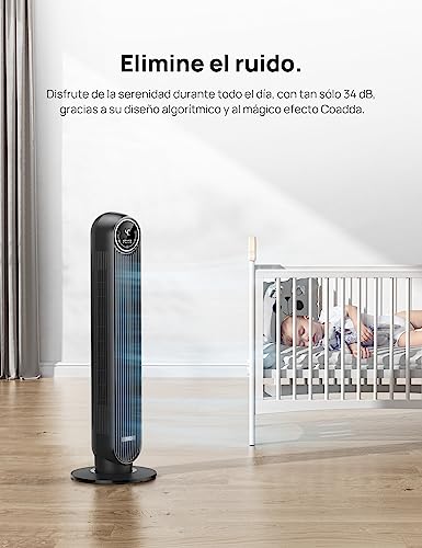 Dreo Ventilador de torre Nomad One con mando a distancia, silencioso de 7,3 m/s de velocidad, oscilante de 90° con 4 velocidades, 4 modos, temporizador de 8 horas, ventilador de pie, negro.