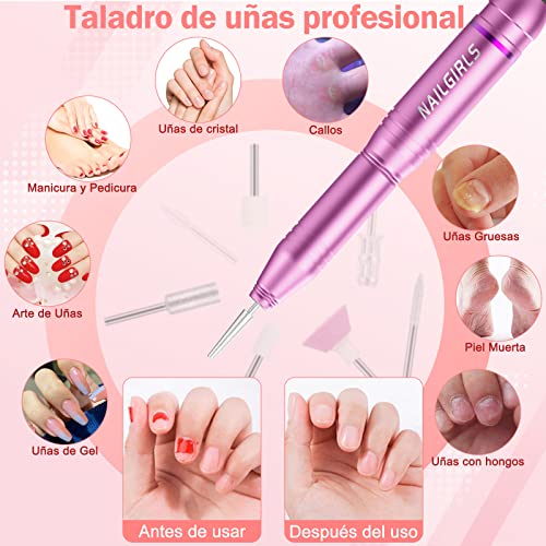 Drill para Uñas Profesional 25000RPM,NAILGIRLS 11 en 1 USB Torno de Uñas Nail Drill Machine,Torno para Uñas de Velocidad Ajustable,Torno Profesional para Manicura y Pedicura Electrico para Salón DIY