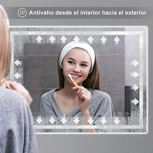 Dripex Espejo de Baño con Luz LED 60 x 80 cm, Antivaho, Interruptor Táctil, Dimmable, 3 Colores de Luz, IP54, Instalar Horizontal/Vertical