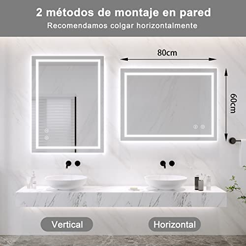 Dripex Espejo de Baño con Luz LED 60 x 80 cm, Antivaho, Interruptor Táctil, Dimmable, 3 Colores de Luz, IP54, Instalar Horizontal/Vertical