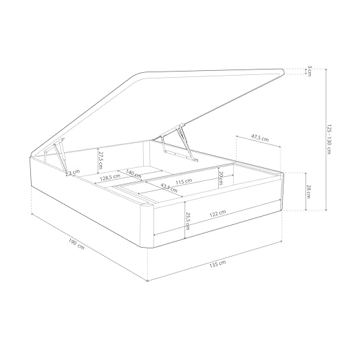 duehome | Luxury MAX, Canapé Abatible con Cajón Frontal Extraíble, Almacenaje, Acabado en Roble, Medidas: 135 cm (Ancho) x 190 cm (Largo) x 31 cm (Alto)