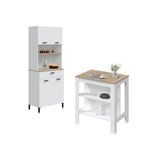 duehome | Nitza, Pack de Alacena + Mesa Alta, Conjunto de Cocina, Conjunto Auxiliar, Acabado en Blanco Artik, y Natur