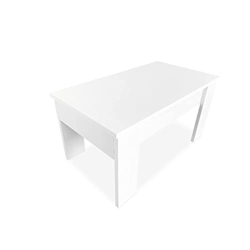 Duérmete Online - Mesa de Centro Elevable, Mesita de Salón o Comedor, Madera, Acabado en Color Blanco, Medidas: 90 cm (Ancho) x 50 cm (Fondo) x 46-57 cm (Alto)