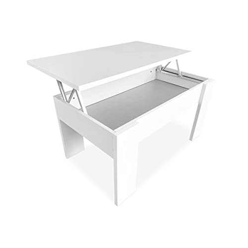 Duérmete Online - Mesa de Centro Elevable, Mesita de Salón o Comedor, Madera, Acabado en Color Blanco, Medidas: 90 cm (Ancho) x 50 cm (Fondo) x 46-57 cm (Alto)