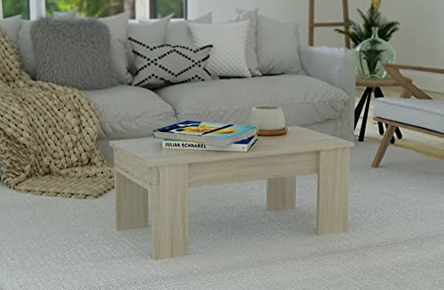 Duérmete Online - Mesa de Centro Elevable, Para Salón o Comedor, Madera, Acabado en Color Cambria, Medidas: 90 cm (Ancho) x 50 cm (Fondo) x 46-57 cm (Alto)