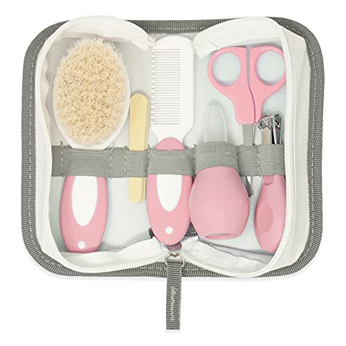 Duffi Baby Set para Cuidado del Bebe Recien Nacido. Juego Cuidado Bebes 6 piezas. Kit de Aseo Estuche con Cremallera Cepillo Pelo Lima Uñas Peine Aspirador Nasal Tijeras Uñas Corta uñas. 1260-06 Rosa