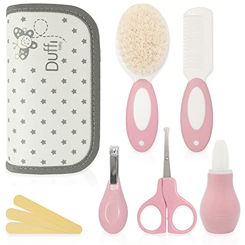 Duffi Baby Set para Cuidado del Bebe Recien Nacido. Juego Cuidado Bebes 6 piezas. Kit de Aseo Estuche con Cremallera Cepillo Pelo Lima Uñas Peine Aspirador Nasal Tijeras Uñas Corta uñas. 1260-06 Rosa