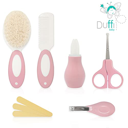 Duffi Baby Set para Cuidado del Bebe Recien Nacido. Juego Cuidado Bebes 6 piezas. Kit de Aseo Estuche con Cremallera Cepillo Pelo Lima Uñas Peine Aspirador Nasal Tijeras Uñas Corta uñas. 1260-06 Rosa