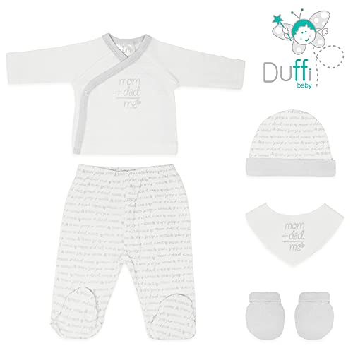 Duffi Baby Set Primera Puesta Bebe Recien Nacido 5 Piezas. Set Regalo Bebe Original. Conjunto Primera Puesta Bebe con Chaquetita, Polaina, Gorro, Babero y Manoplas. 100% Algodon. Color Gris