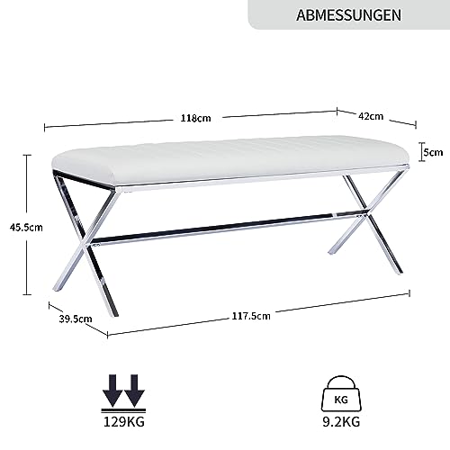 Duhome Banco acolchado de piel sintética con patas de metal en X para pasillo, comedor, salón, dormitorio, color blanco