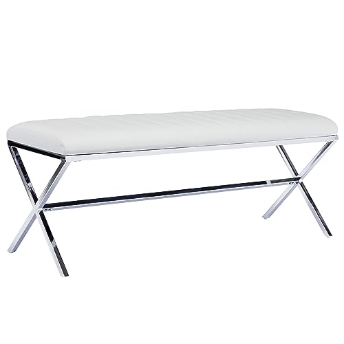 Duhome Banco acolchado de piel sintética con patas de metal en X para pasillo, comedor, salón, dormitorio, color blanco