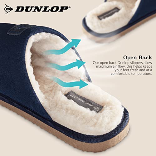 Dunlop Zapatillas Casa Hombre, Memory Foam Pantuflas Peluche Abiertas, Zapatillas De Estar En Casa Invierno Calientes Suela de Goma Dura Interior Exterior, Regalos para Hombre, 43 EU, Azul Navy