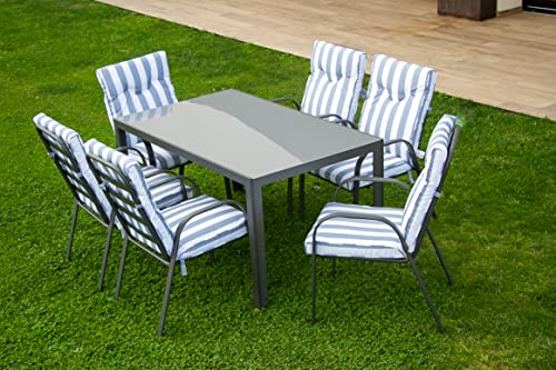 DUPI Conjunto Jardin Mesa con 6 Sillas Tenerife Mesa Jardin Exterior Mesa 150x90 Gris Antracita y Cojines Blanco y Azul Textiline. Ideal para 6 Personas.Facil Mantenimiento.