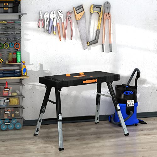 DURHAND Banco de Trabajo 5 en 1 Mesa de Trabajo con Altura Ajustable en 3 Niveles Patas Retráctiles 4 Ruedas Carga 150 kg como Caballete de Sierra para Taller Garaje 105x74x80 cm Negro