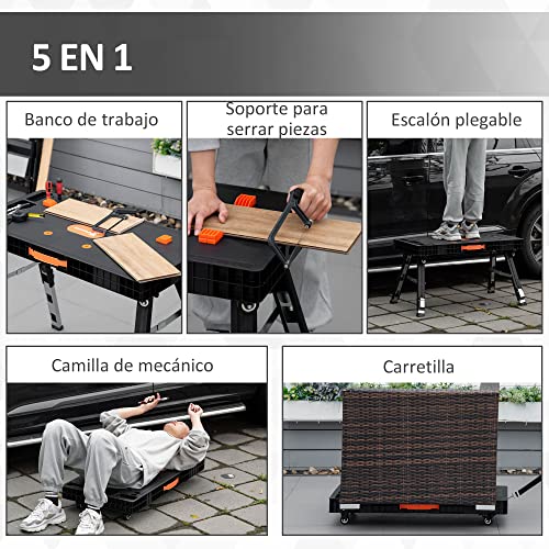 DURHAND Banco de Trabajo 5 en 1 Mesa de Trabajo con Altura Ajustable en 3 Niveles Patas Retráctiles 4 Ruedas Carga 150 kg como Caballete de Sierra para Taller Garaje 105x74x80 cm Negro