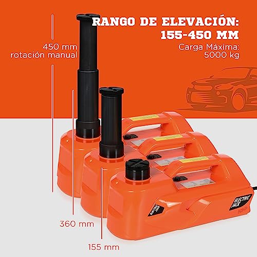 DURHAND Kit de Gato Eléctrico para Coche 12V Kit de Elevación de Coche 5 Toneladas de 15,5-45 cm Reparación de Neumáticos de Emergencia para Automóvil SUV Sedán 40x27,5x18 cm Naranja