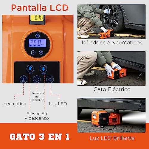 DURHAND Kit de Gato Eléctrico para Coche 12V Kit de Gato de Piso 5 Toneladas de 15,5-45 cm con Reparación de Neumáticos Luz LED e Inflador para Automóvil SUV Sedán 36x33x16 cm Naranja