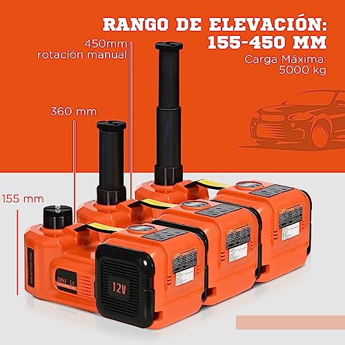 DURHAND Kit de Gato Eléctrico para Coche 12V Kit de Gato de Piso 5 Toneladas de 15,5-45 cm con Reparación de Neumáticos Luz LED e Inflador para Automóvil SUV Sedán 36x33x16 cm Naranja