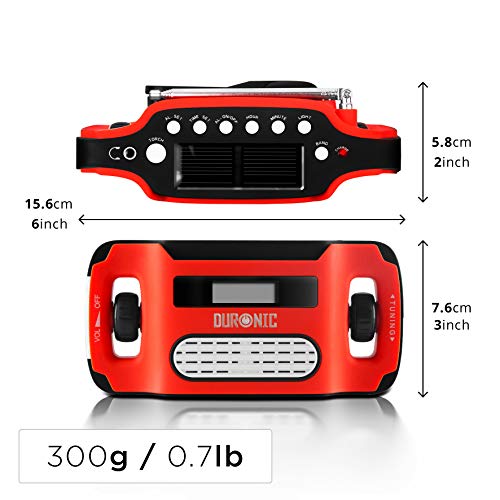 Duronic Apex Radio Am FM Portátil Pequeña Recargable Linterna |Carga Solar USB o Manivela Dinamo | Conector Auriculares y Alarma | Pantalla Digital Retroiluminada Emergencias Camping Senderismo