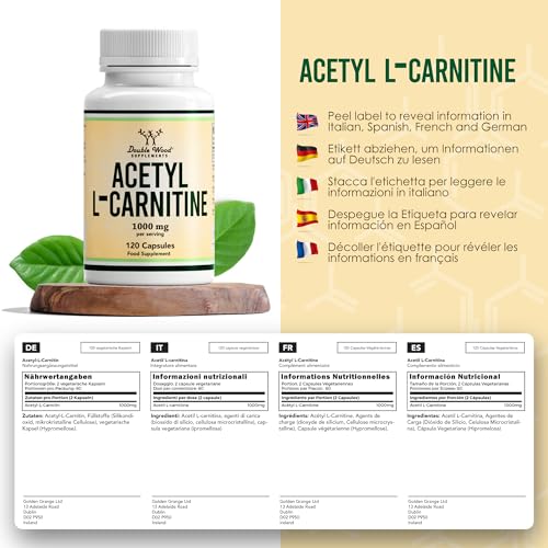 DW Acetil L-Carnitina Cápsulas | 120 Cápsulas de L Carnitina de Alta Potencia - 1000mg de Carnitina por porción | Sin OGM ni Gluten | Fabricado en el Reino Unido.