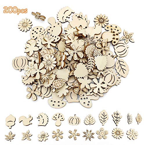 Dylan-EU 200 Piezas Flores y hojas de Madera Adornos de Madera de Navidad Animal de Madera para Scrapbooking Figuritas de Madera para Manualidades álbumes de Recortes Decoración de Bodas