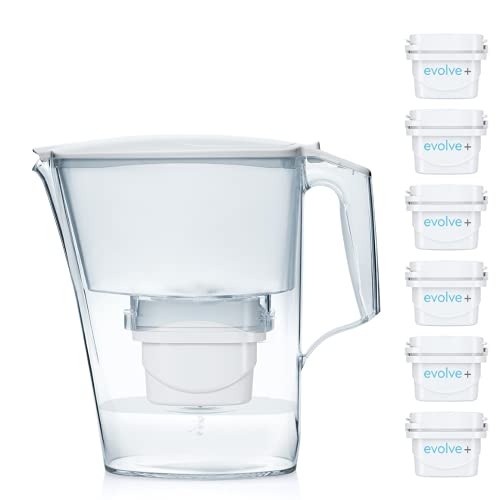 E-volve Aqua Optima Liscia + 6 cartuchos agua Evolve. Pack de 6 meses, blanco, 2,8 litros, Jarra 2,5L + 6 filtros