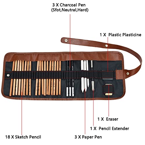 Easehome Lápices de Dibujo Lápices de Bosquejo, 29pc Artista Set de Lápices de Dibujo con Bolsa Incluida Lápices de Bosquejo Lápiz Fusain Grafito Goma Cuchillo Extensor para Niños Adultos Dibujar