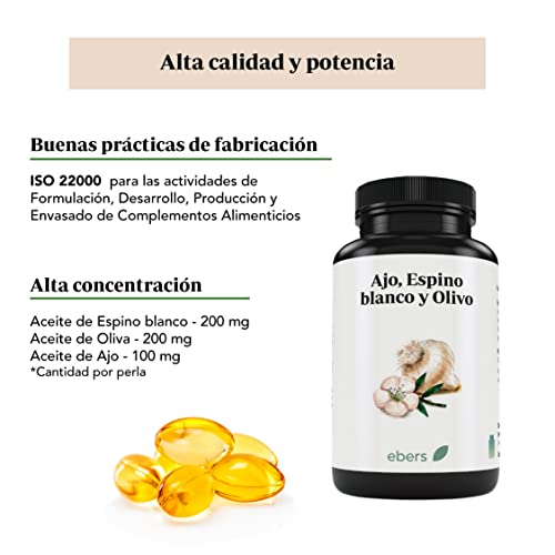 Ebers Ajo, Espino Blanco y Olivo - 60 perlas - 2 Meses de Suministro, Extracto de Aceite de Ajo, Fuente de Alicina, Suplemento Alimenticio Sin Gluten y Sin Lactosa