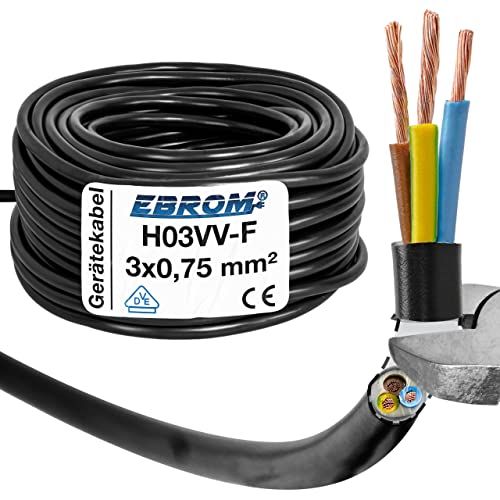 EBROM Cable redondo de plástico para manguera H03VV-F 3 x 0,75 mm² 3G0,75 (mm2) – Color: negro 10 m/15 m/20 m/25 m/30 m/35 m/40 m/45 m/50 m/55 m/60 m, etc. hasta 200 m en pasos de 5 m