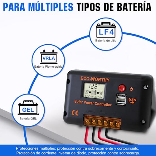 ECO-WORTHY 170W 12V Kit Placa Solar Autoconsumo Sistema Completo: Panel Solar 170W, Controlador PWM 30A, Bateria Litio 12V 30AH, Inversor Onda Pura 600W para Pequeño Electrodoméstico, RV, Casa