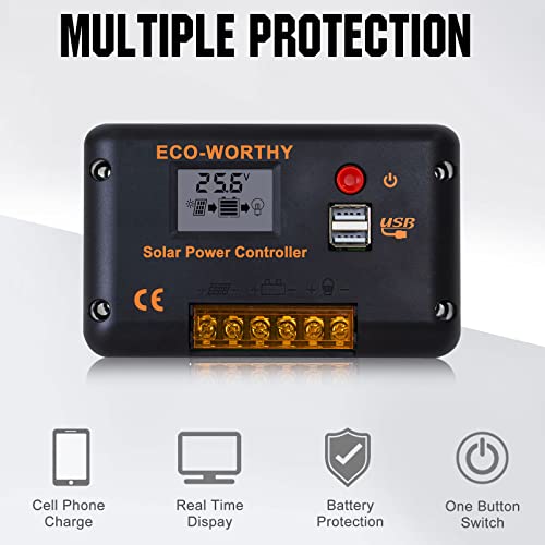 ECO-WORTHY Kit Panel Solar 12V/24V 240W Sistema Placa Solar 1KWH/DAY: 2 Paneles Solares Monocristalinos 120W + 1 Controlador PWM 30A + Cable de Extensión Solar para Caravana, RV, Barco