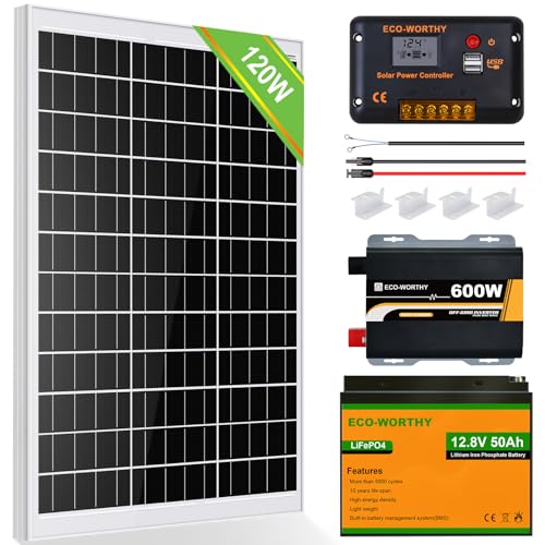 ECO-WORTHY Kit Placa Solar 0,5 KWh/día: Panel Monocristalino 120W, 50AH Lifepo4 Batería 12v Litio, Inversor 600W, Controlador de Carga 30A para Barcos, Caravanas