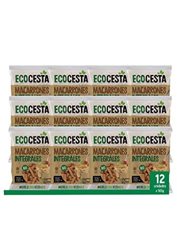 Ecocesta - Pack de 12 Unidades de 500 g de Macarrones Integrales Ecológicos - Ricos en Hidratos de Carbono y Fibra - Bajo Contenido en Sal - Elaborado con Sémola de Trigo Duro Integral