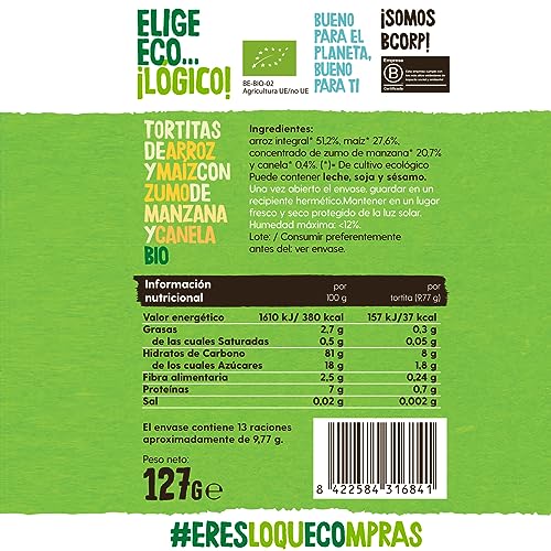 Ecocesta - Pack de 6 Unidades de 127 g de Tortitas Ecológicas de Arroz Integral y Maíz con Manzana y Canela - 127 g - Bajo Contenido en Sal - Sin Gluten - Aptas para Veganos - Ideales en Desayunos