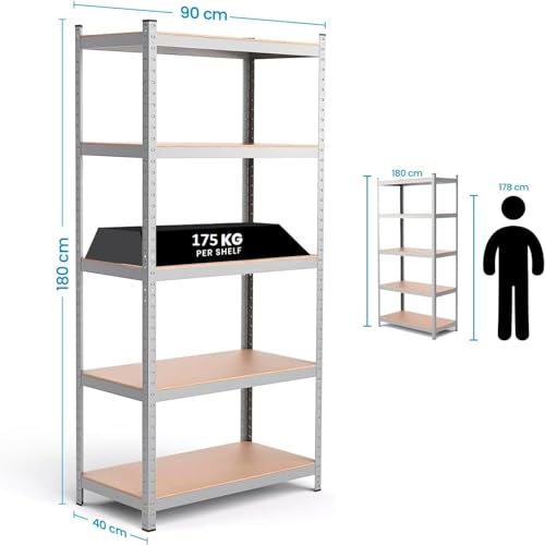 EDIESI, Estanterias Almacenaje, 180 x 90 x 40 cm, Metalicas, Galvanizadas, MDF Antihumedad, para Hogar, Trastero, Garaje, 5 Baldas Ajustables, Carga Máxima 875 kg (1 Unidad)