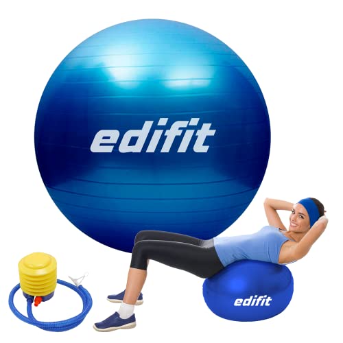 EDIFIT, Pelota de Pilates, 55,65 y 75, Ejercicio en Casa, Incluye Hinchador, Fitball, Embarazadas, Accesorios Yoga, Gimnasio, Varios Tamaños (75cm, Azul)