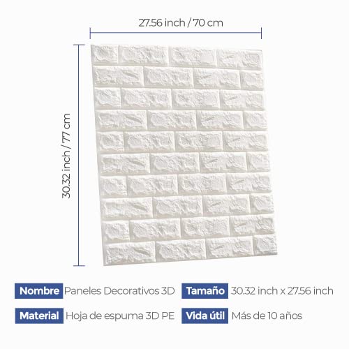 Edihome, Papel Pintado Pared, Paneles Decorativos 3d, 77x70cm, 10 piezas, Autoadhesivo, Efecto Ladrillo de Piedra, de Poliuretano, para Cocina, Dormitorio, Salón (10 Unidades, Blanco)