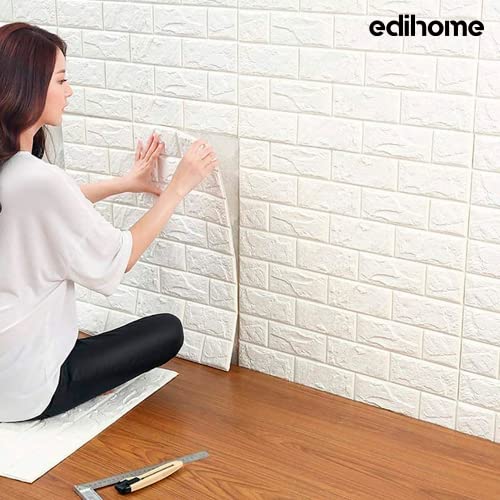 Edihome, Papel Pintado Pared, Paneles Decorativos 3d, 77x70cm, 10 piezas, Autoadhesivo, Efecto Ladrillo de Piedra, de Poliuretano, para Cocina, Dormitorio, Salón (10 Unidades, Blanco)