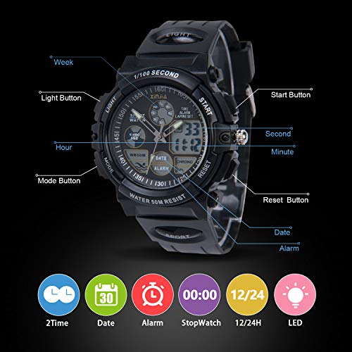 Edillas Reloj para Niños, Reloj de Pulsera Analógico Digital Reloj Deportivo 50M Impermeable para Exteriores con Alarma/Cronómetro/luz LED para Adolescentes (Negro)