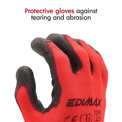 EDIMAX, Guantes Trabajo, Alta Resistencia a la Abrasión y al Desgarro nivel 3, Recubrimiento de Naylon PU, Versátiles, Protección Mecánica e Industrial (12 pares) (Talla L / 9)