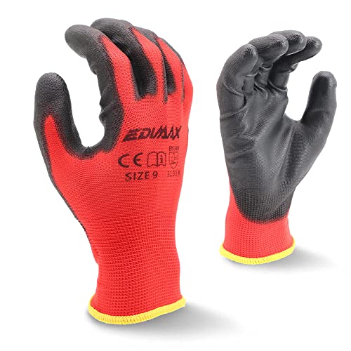 EDIMAX, Guantes Trabajo, Alta Resistencia a la Abrasión y al Desgarro nivel 3, Recubrimiento de Naylon PU, Versátiles, Protección Mecánica e Industrial (12 pares) (Talla L / 9)