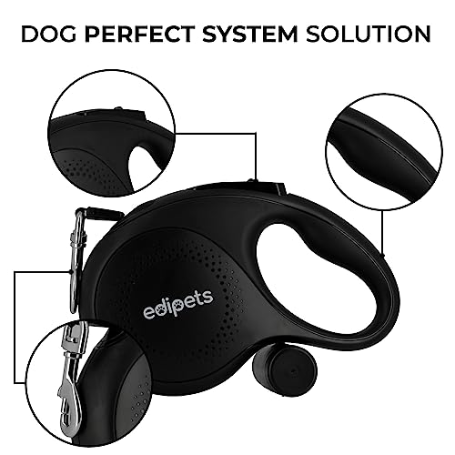 Edipets, Correa Perro Extensible/Retráctil, 5 y 8 Metros, Nuevo Modelo Avanzado, Incluye Dispensador de Bolsas, Cinta Flexible para Adiestramiento y Paseo (Negro, 8 Metros)