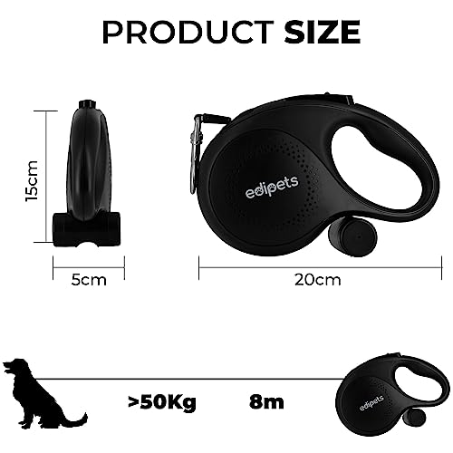 Edipets, Correa Perro Extensible/Retráctil, 5 y 8 Metros, Nuevo Modelo Avanzado, Incluye Dispensador de Bolsas, Cinta Flexible para Adiestramiento y Paseo (Negro, 8 Metros)