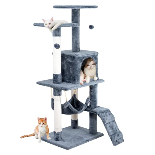 Edipets, Rascador para Gatos, Arbol Gato, 3 Niveles, 56x120x58cm, Alto, Postes de Sisal, Hamaca, con Cama, Caseta, Suave, con Bolas para Jugar (Gris)